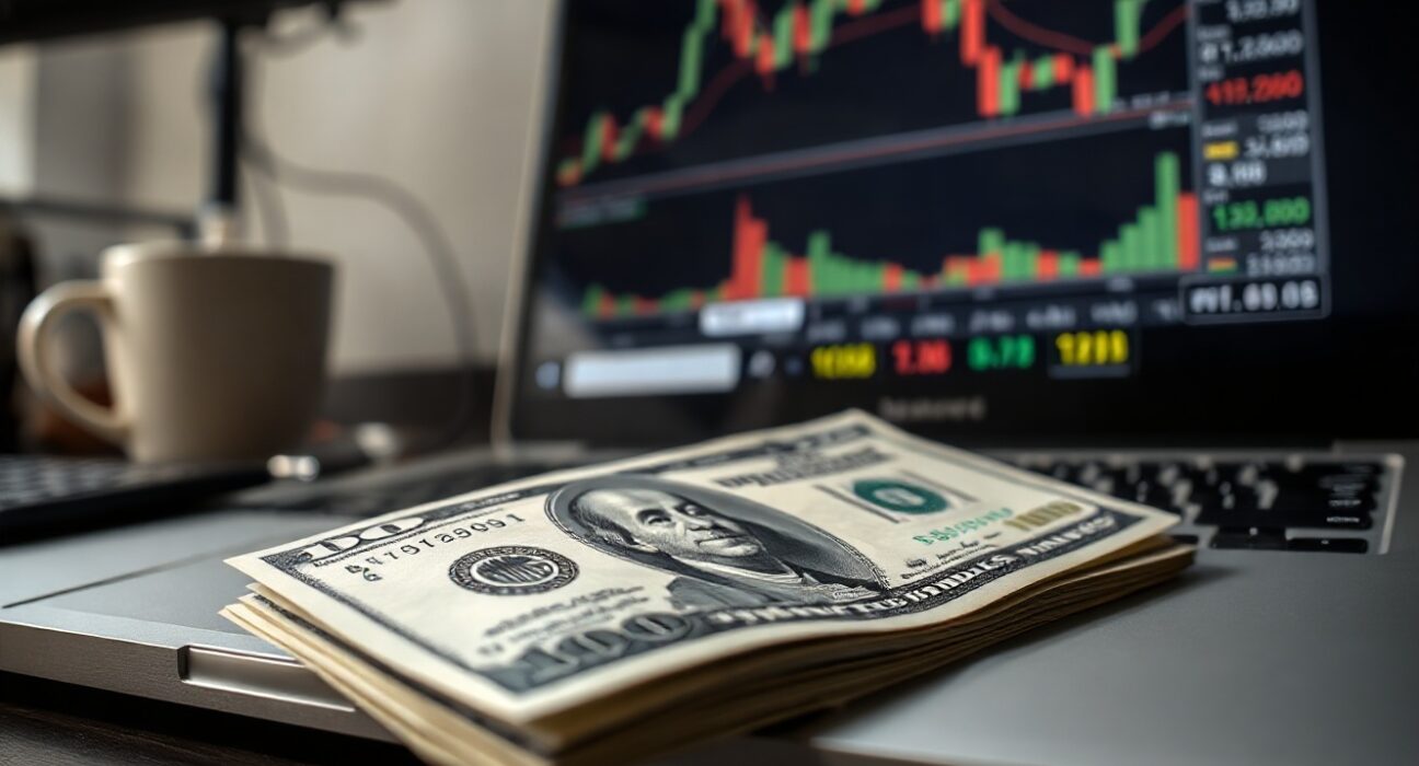 US dollar banknote and forex chart on a laptop screen