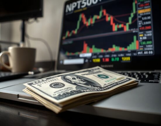 US dollar banknote and forex chart on a laptop screen