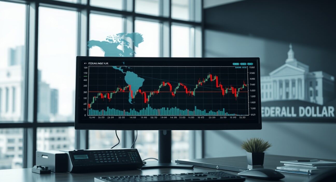 US Dollar index chart on a trading screen in a newsroom, reflecting market volatility.