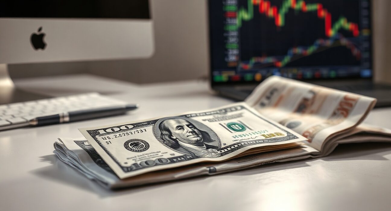 US Dollar banknote and financial newspaper on desk with charts