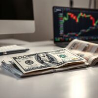 US Dollar banknote and financial newspaper on desk with charts