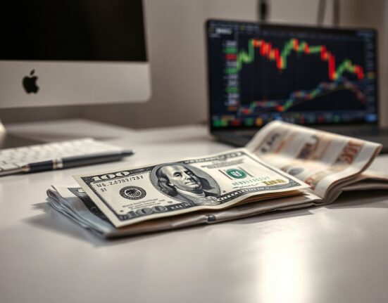 US Dollar banknote and financial newspaper on desk with charts