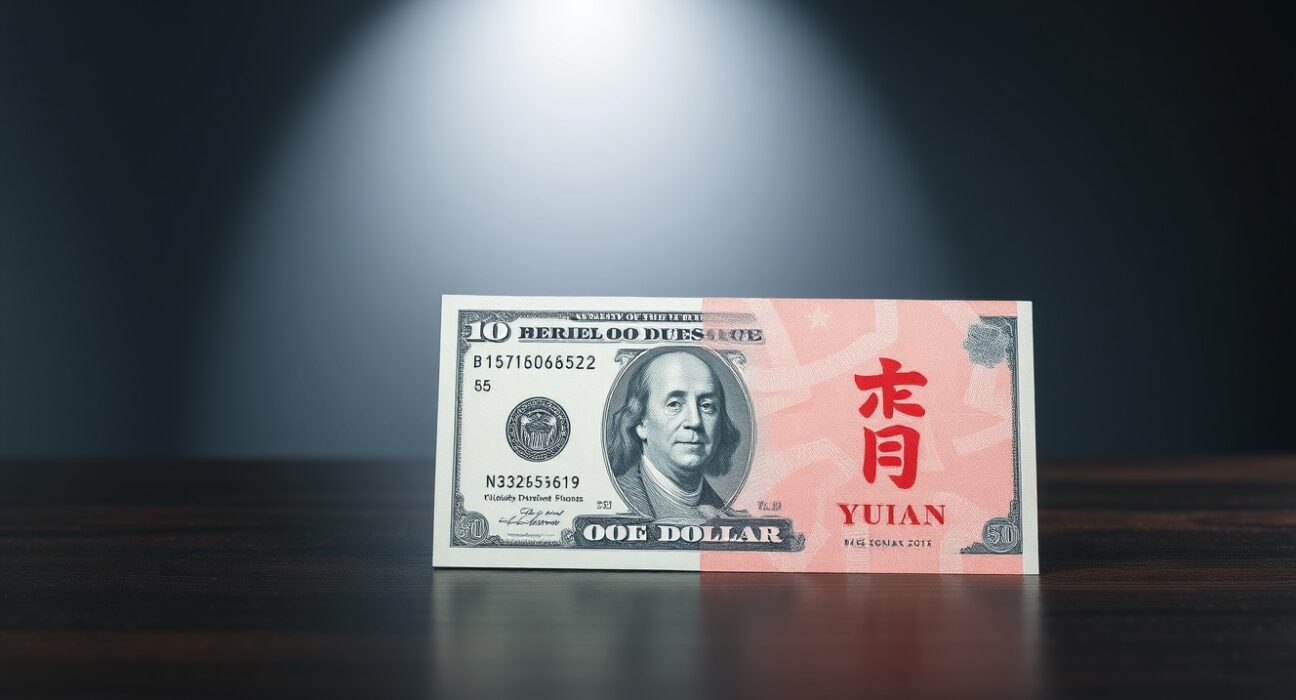 US dollar and Chinese yuan banknotes on a dark surface, representing currency market focus on Fed policy and US-China relations.