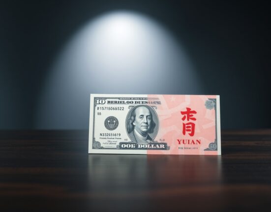 US dollar and Chinese yuan banknotes on a dark surface, representing currency market focus on Fed policy and US-China relations.