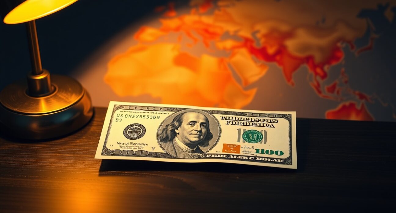 U.S. dollar bill on desk with blurred Middle East map in background, symbolizing geopolitical impact on currency markets