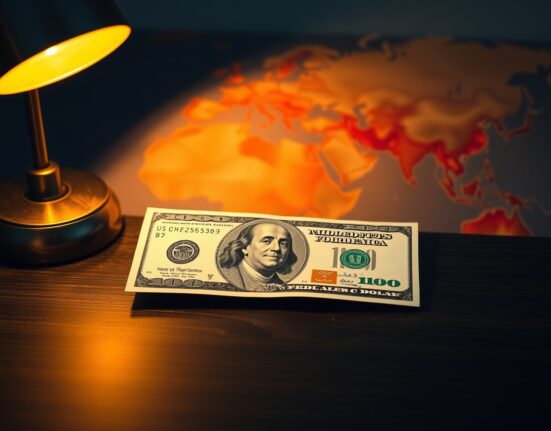 U.S. dollar bill on desk with blurred Middle East map in background, symbolizing geopolitical impact on currency markets