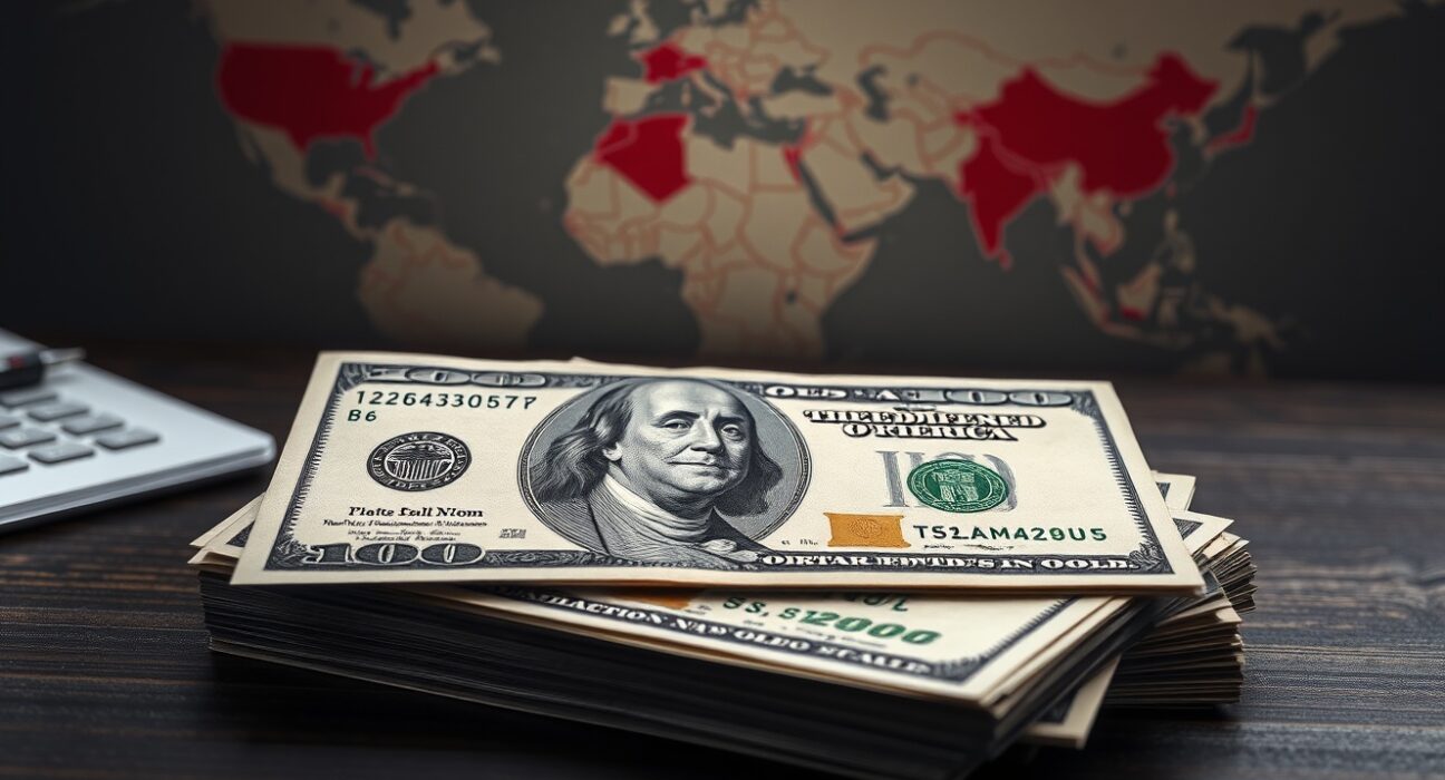 U.S. dollar banknotes on a desk with a map of the Middle East, representing safe-haven demand amid geopolitical tensions.