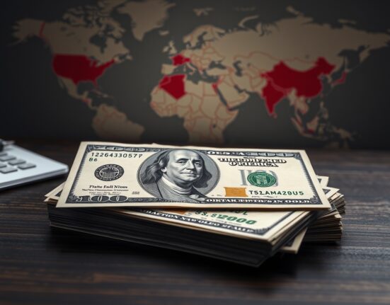 U.S. dollar banknotes on a desk with a map of the Middle East, representing safe-haven demand amid geopolitical tensions.