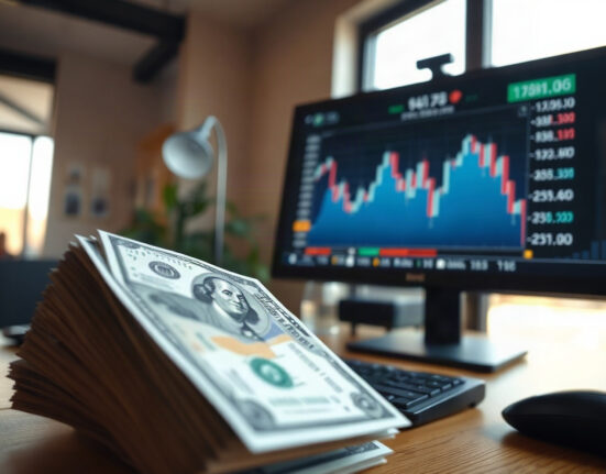 US dollar banknotes and a financial chart showing a downward trend, representing currency pressure.