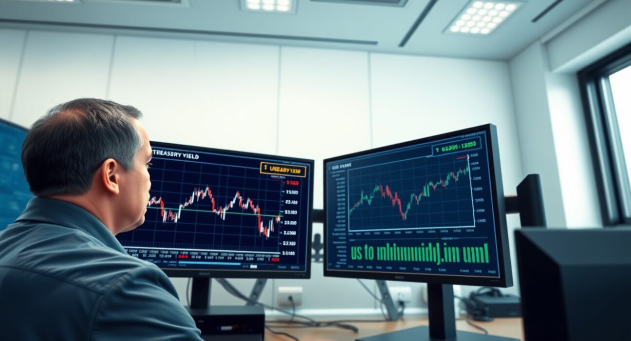 Financial analyst monitoring US dollar and Treasury yield charts in trading environment