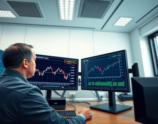 Financial analyst monitoring US dollar and Treasury yield charts in trading environment