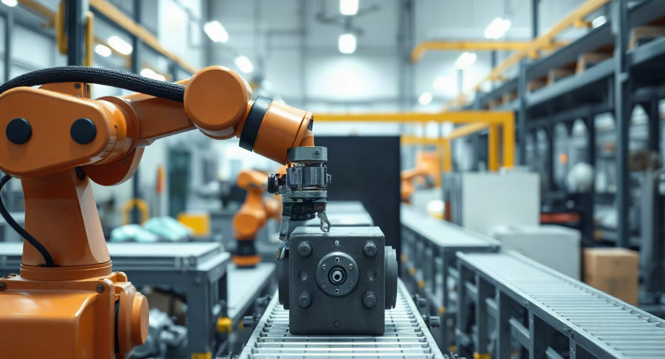 Robotic arm in a modern factory assembling a metal component