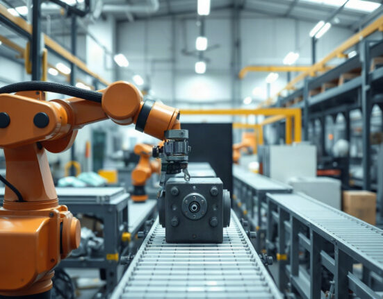 Robotic arm in a modern factory assembling a metal component