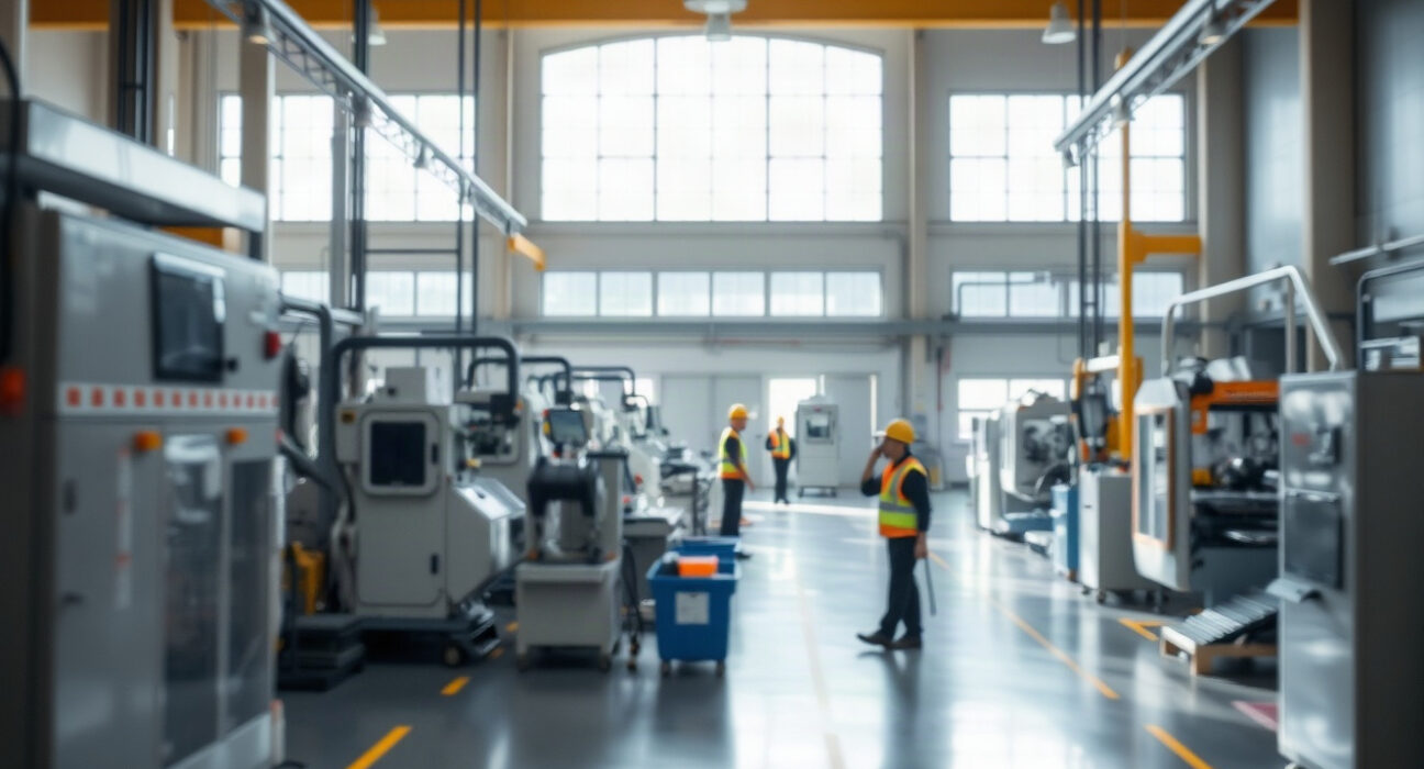 Workers on a factory floor with industrial machinery, representing durable goods manufacturing