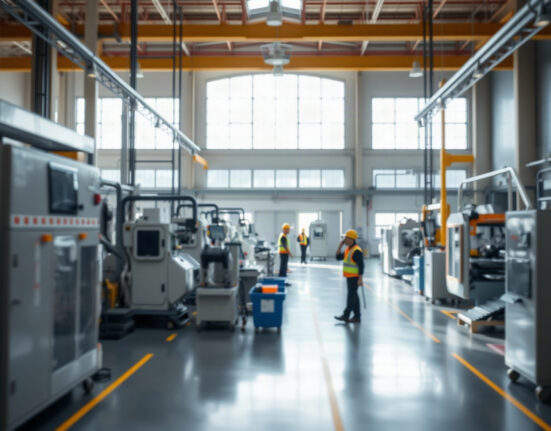 Workers on a factory floor with industrial machinery, representing durable goods manufacturing
