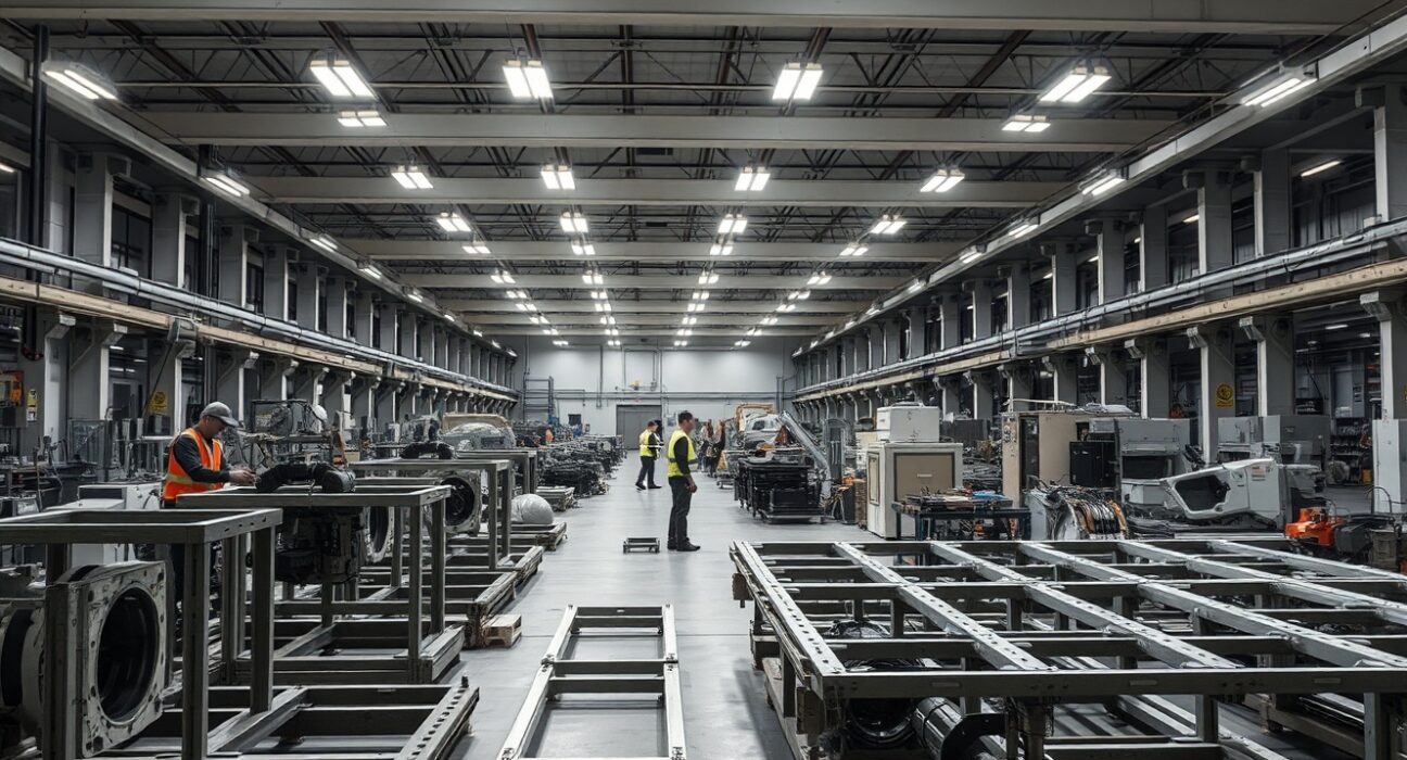 Factory floor with unfinished industrial equipment and workers in background