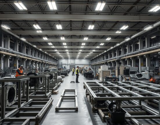 Factory floor with unfinished industrial equipment and workers in background