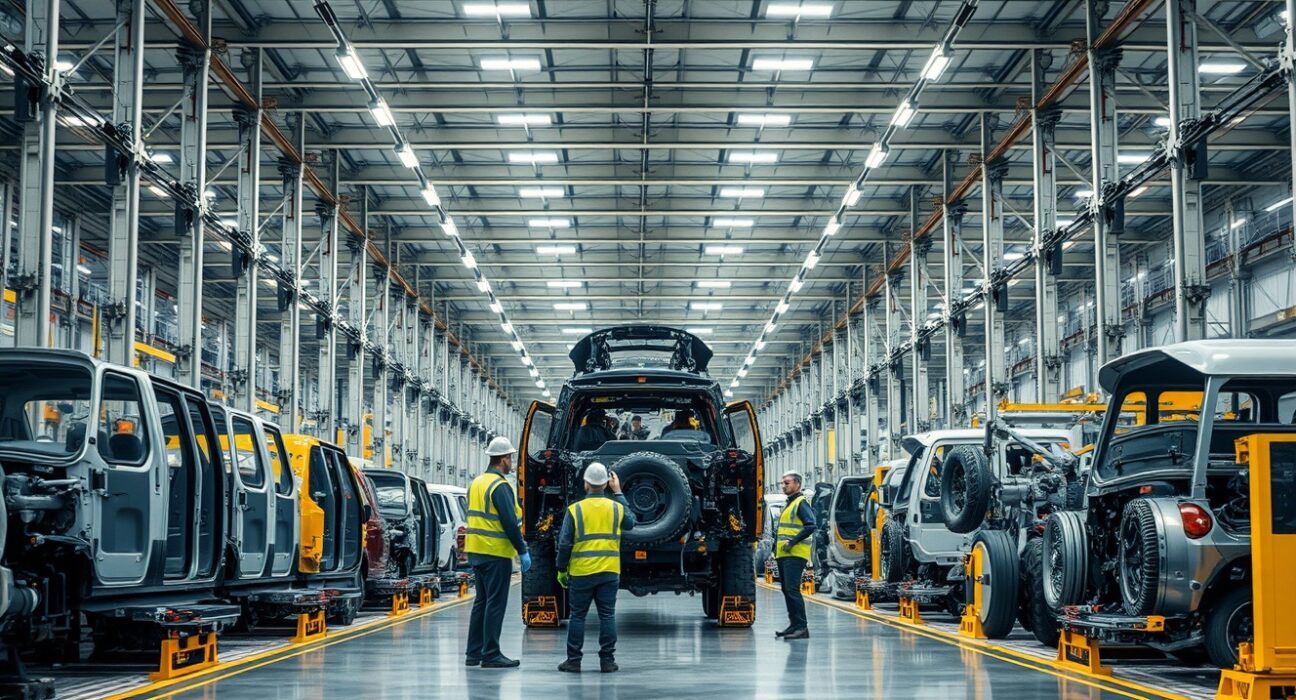 Workers inspect industrial machinery in a large US manufacturing warehouse.