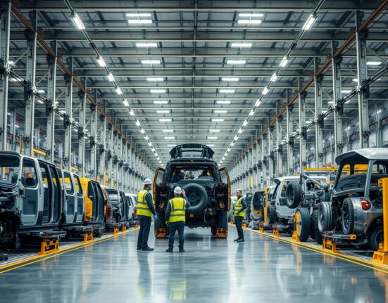 Workers inspect industrial machinery in a large US manufacturing warehouse.