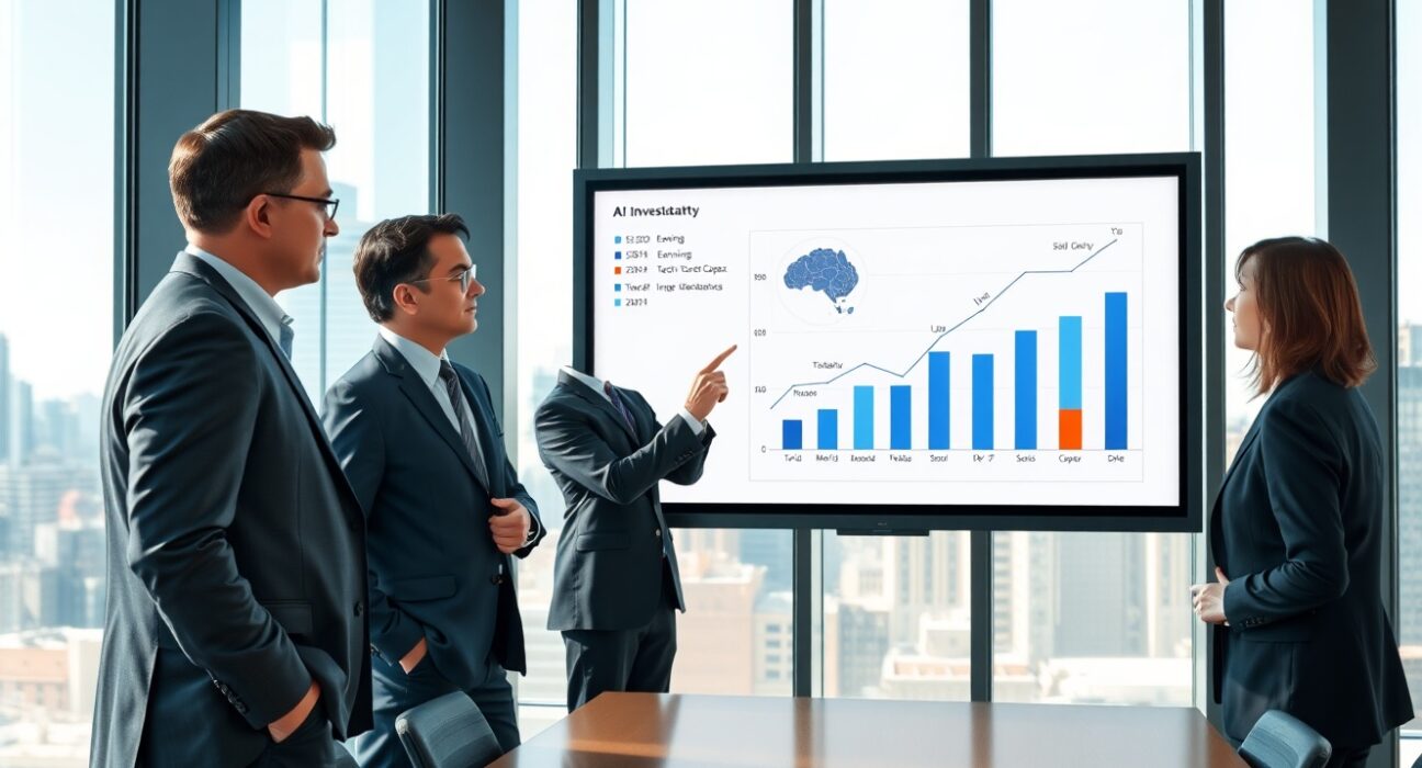 Financial analysts review data on US corporate earnings and AI investment growth in a boardroom setting.
