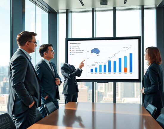 Financial analysts review data on US corporate earnings and AI investment growth in a boardroom setting.