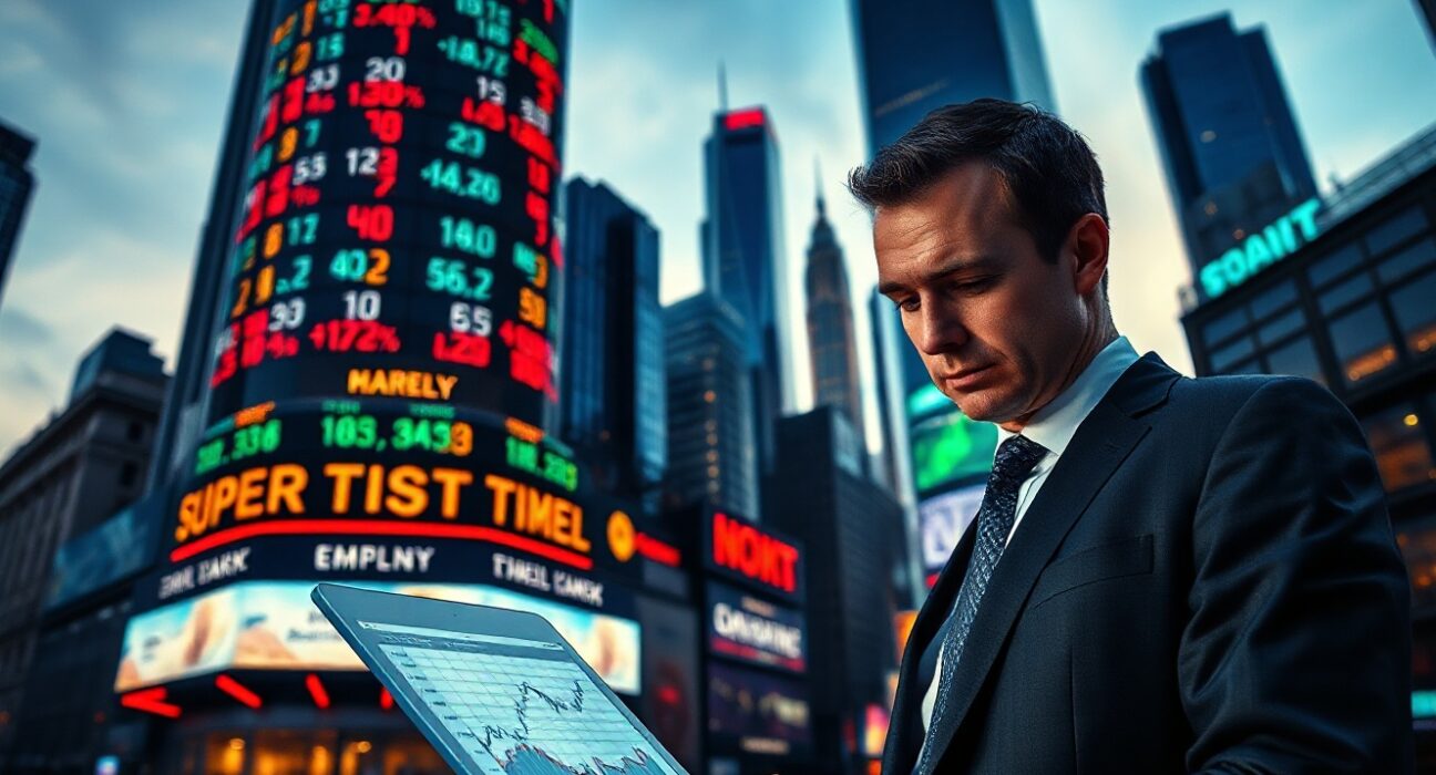 Financial analyst reviewing market data with stock charts in background