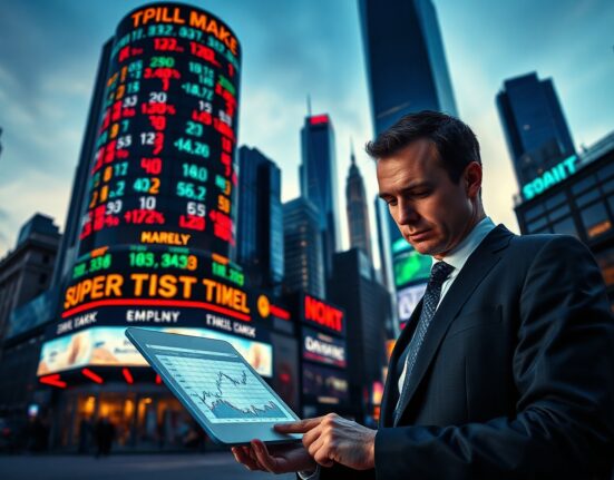 Financial analyst reviewing market data with stock charts in background