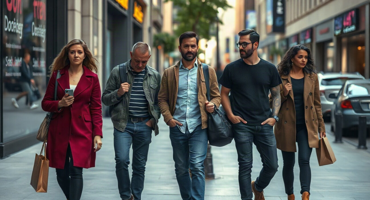 Consumers walking in a downtown shopping area, reflecting cautious economic sentiment.