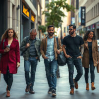 Consumers walking in a downtown shopping area, reflecting cautious economic sentiment.