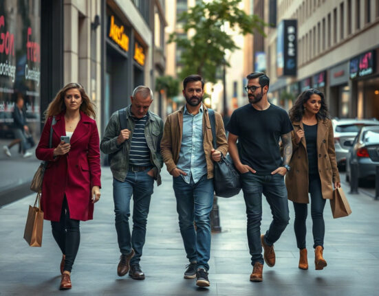 Consumers walking in a downtown shopping area, reflecting cautious economic sentiment.