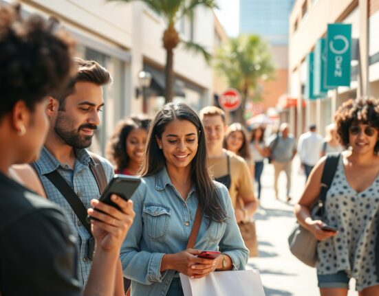 Shoppers in a sunlit suburban plaza, one checking a phone with an upward chart, reflecting cautious economic optimism.