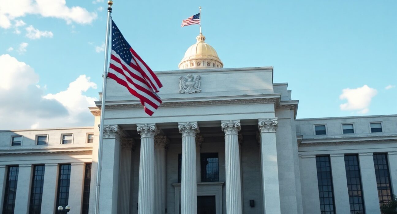 Federal Reserve building in Washington D.C. on a clear morning, symbolizing US economic policy.