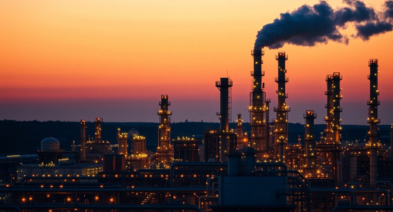 Modern oil refinery representing US energy infrastructure resilience amid oil shock impact analysis