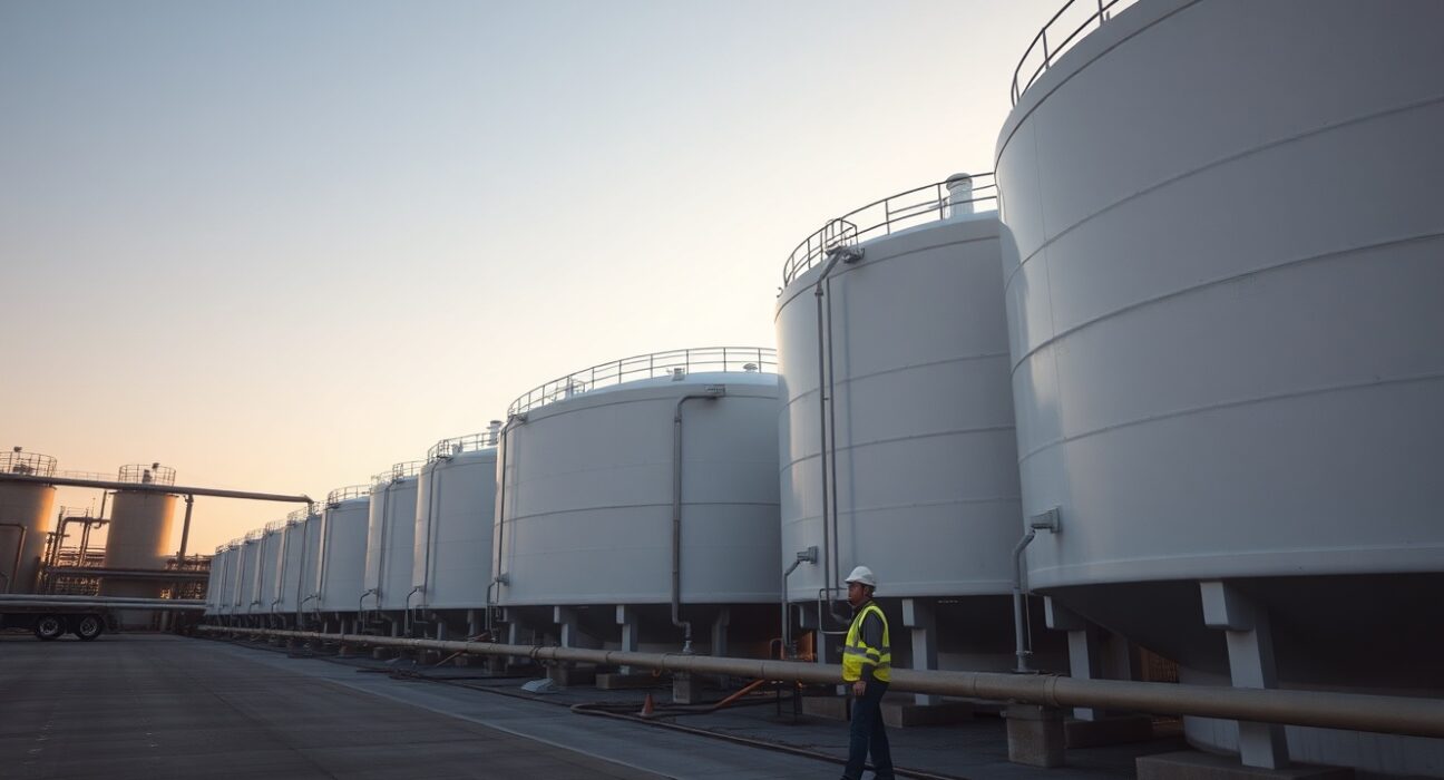 Aerial view of crude oil storage tanks at a US oil terminal at dusk