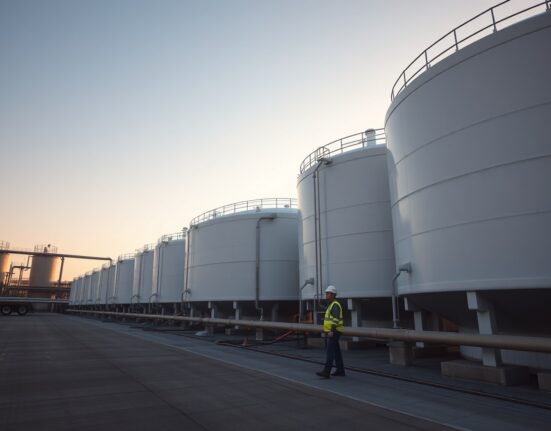 Aerial view of crude oil storage tanks at a US oil terminal at dusk