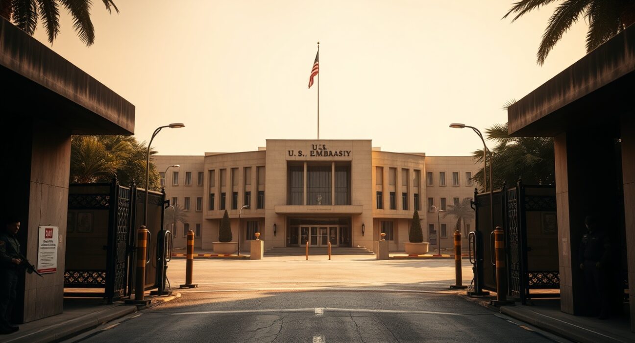U.S. Embassy compound in Baghdad, Iraq, with security barriers and flag