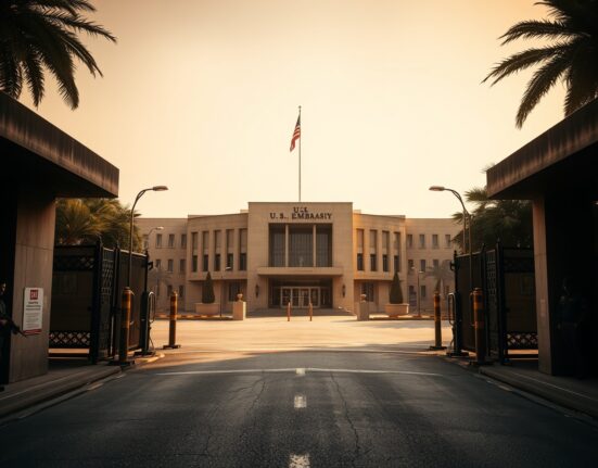 U.S. Embassy compound in Baghdad, Iraq, with security barriers and flag
