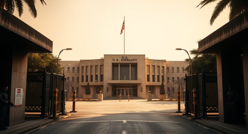 U.S. Embassy compound in Baghdad, Iraq, with security barriers and flag