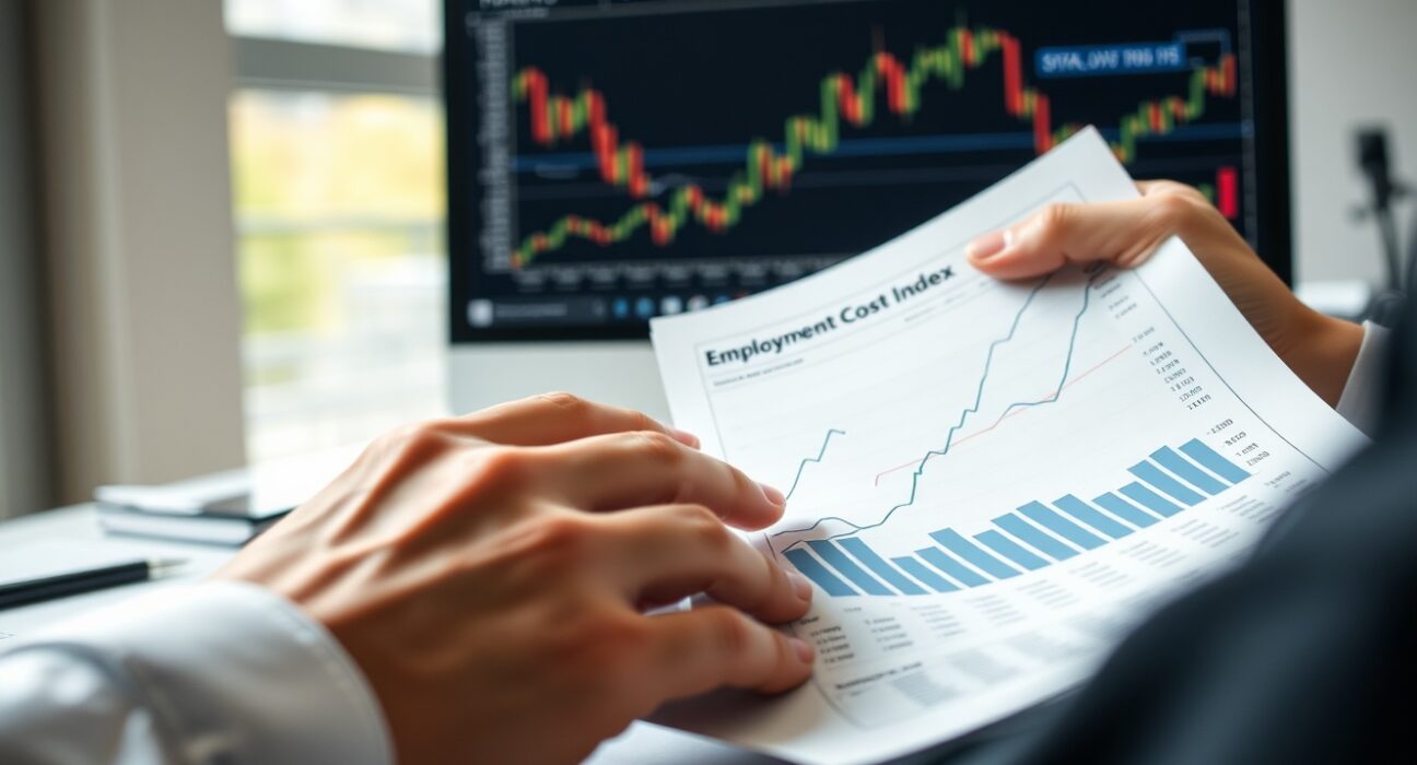 Economist reviewing Employment Cost Index chart on desk