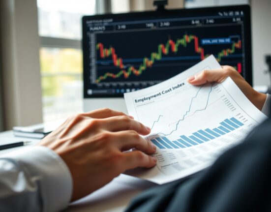 Economist reviewing Employment Cost Index chart on desk