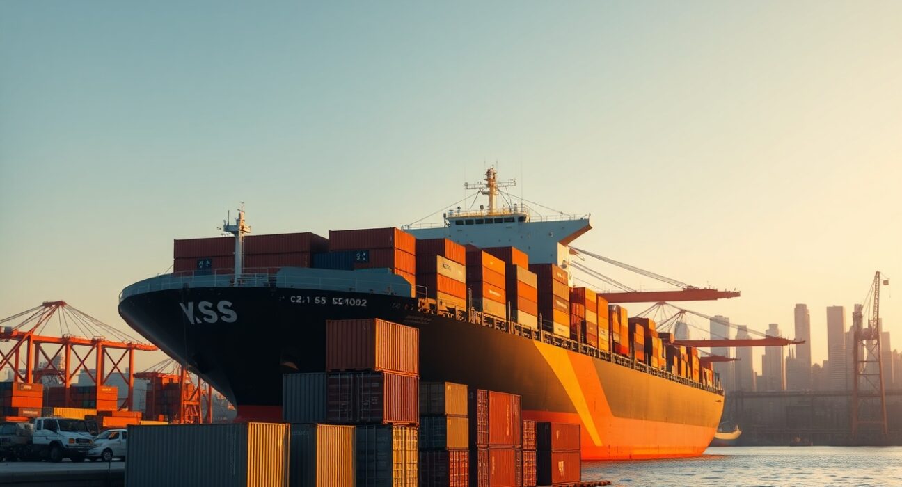Cargo ship at a U.S. port under a clear sky, representing international trade and new tariff policies.