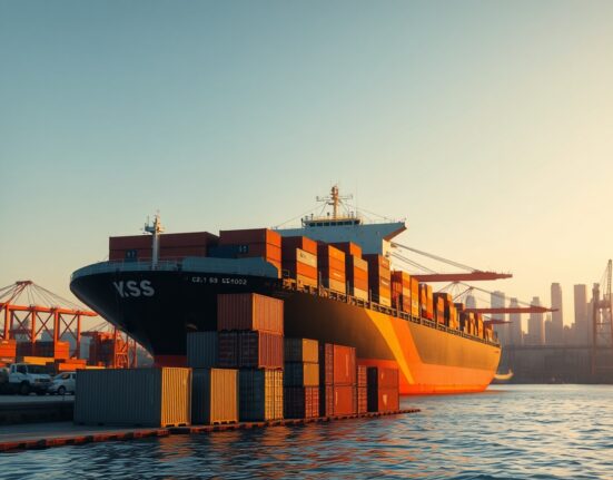 Cargo ship at a U.S. port under a clear sky, representing international trade and new tariff policies.