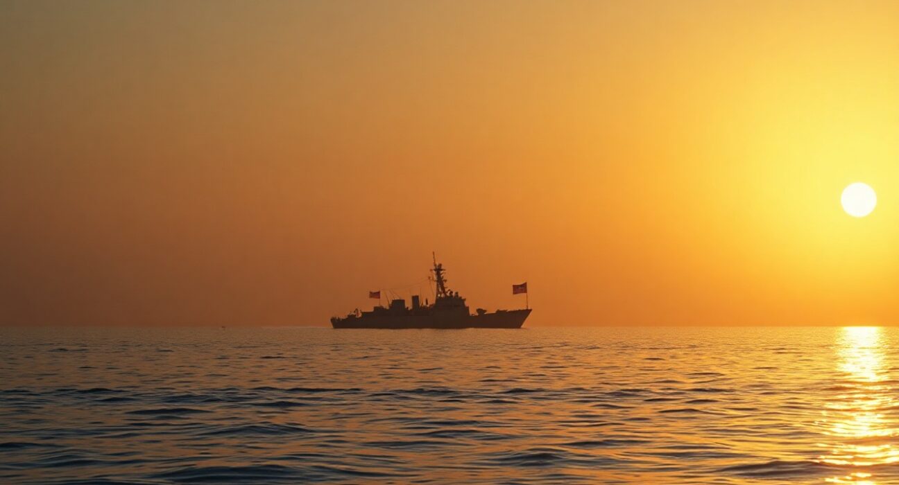 Distant US naval ship silhouette on calm Persian Gulf waters at dawn, representing the end of the blockade.
