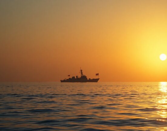 Distant US naval ship silhouette on calm Persian Gulf waters at dawn, representing the end of the blockade.