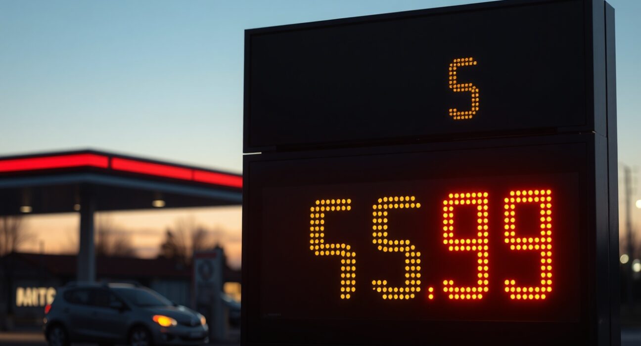 High US energy prices reflected in a gas station sign at dusk, illustrating the March 2025 inflation report.