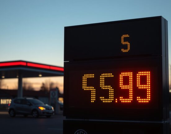 High US energy prices reflected in a gas station sign at dusk, illustrating the March 2025 inflation report.