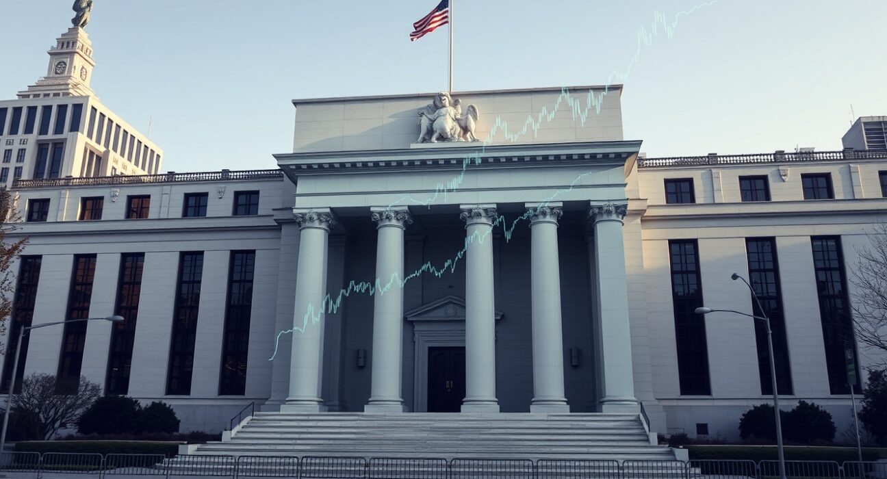 Federal Reserve building with energy market data overlay illustrating policy challenges from US energy shock