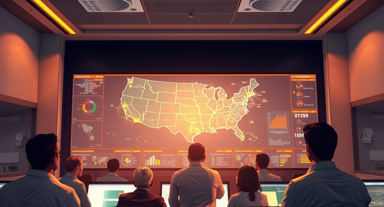 Energy analysts monitor US grid data, illustrating Standard Chartered's manageable energy shock analysis.