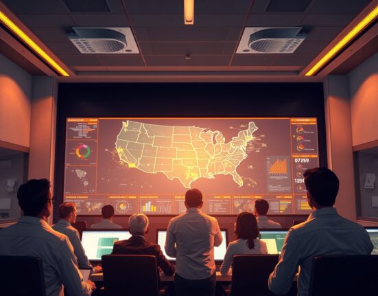 Energy analysts monitor US grid data, illustrating Standard Chartered's manageable energy shock analysis.