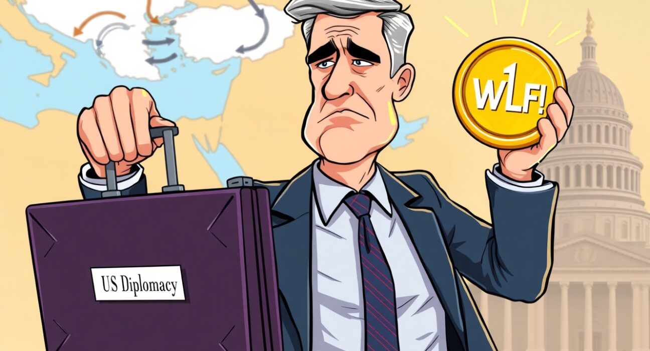 A cartoon diplomat juggling diplomatic duties and cryptocurrency holdings, illustrating a potential crypto conflict of interest.
